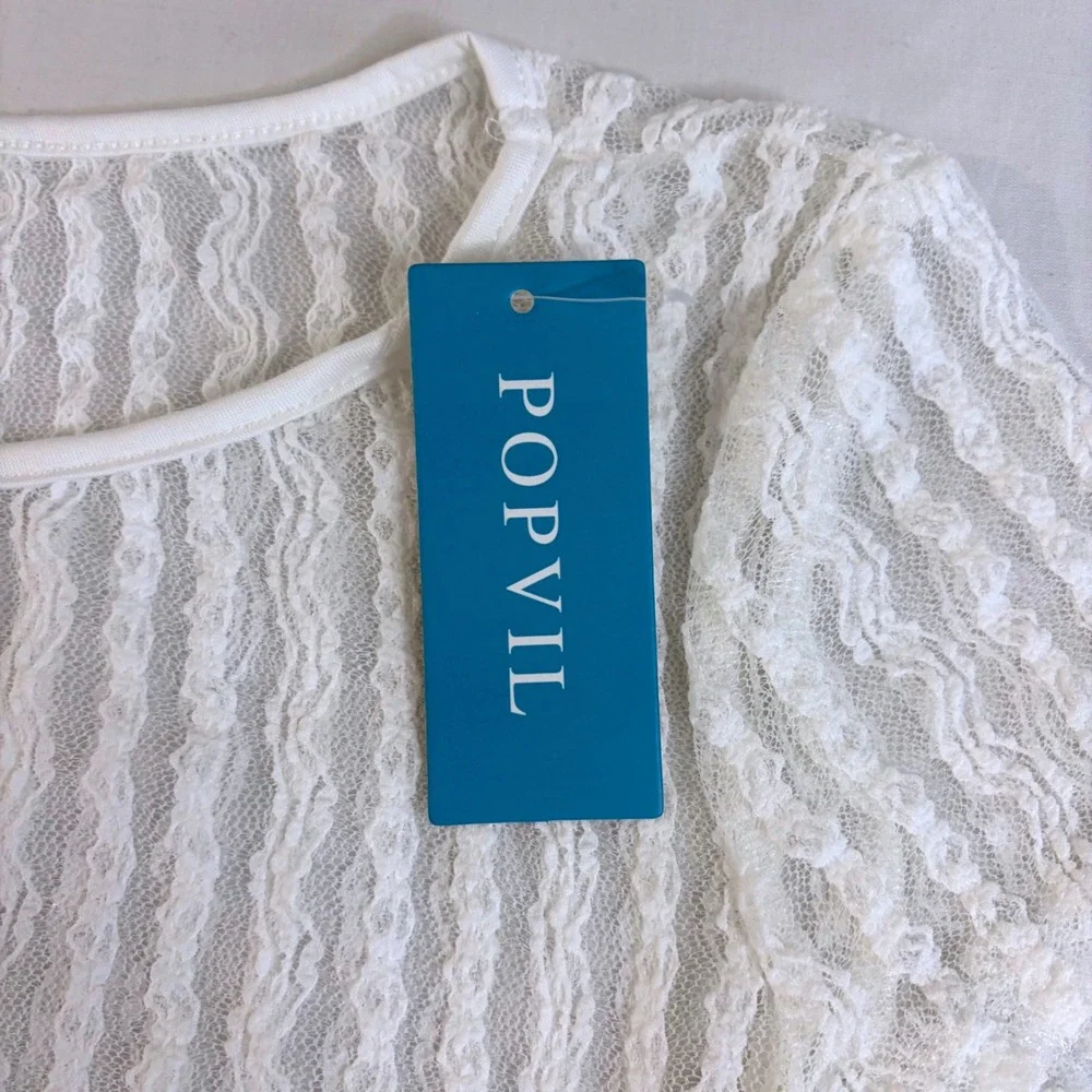 Popvil White Lace Ruched Swim Cover Up Top Short Sleeve Sheer Floral Small New